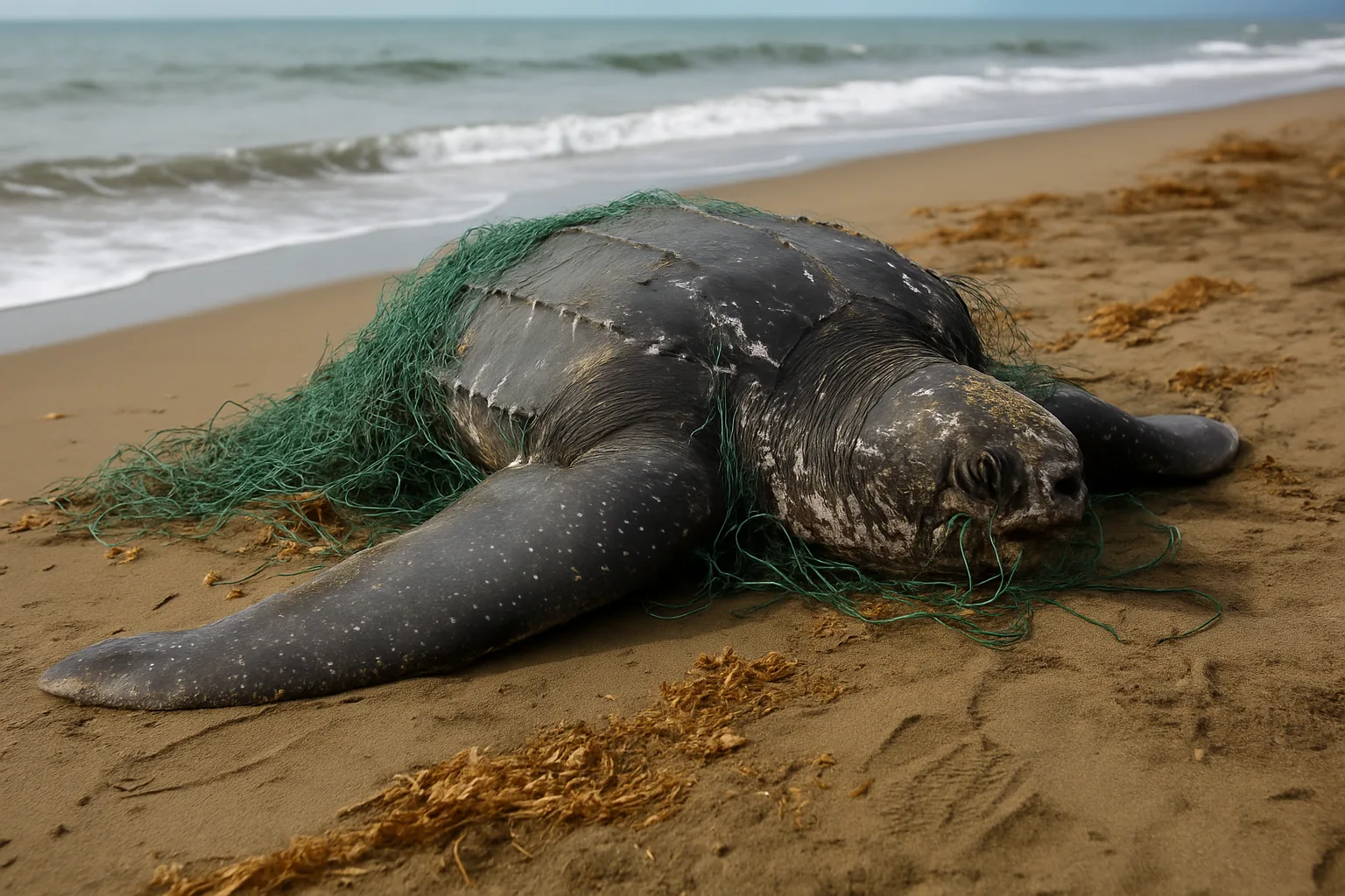 Tartaruga liuto trovata morta sulla spiaggia di Orbetello: vittima delle reti da pesca